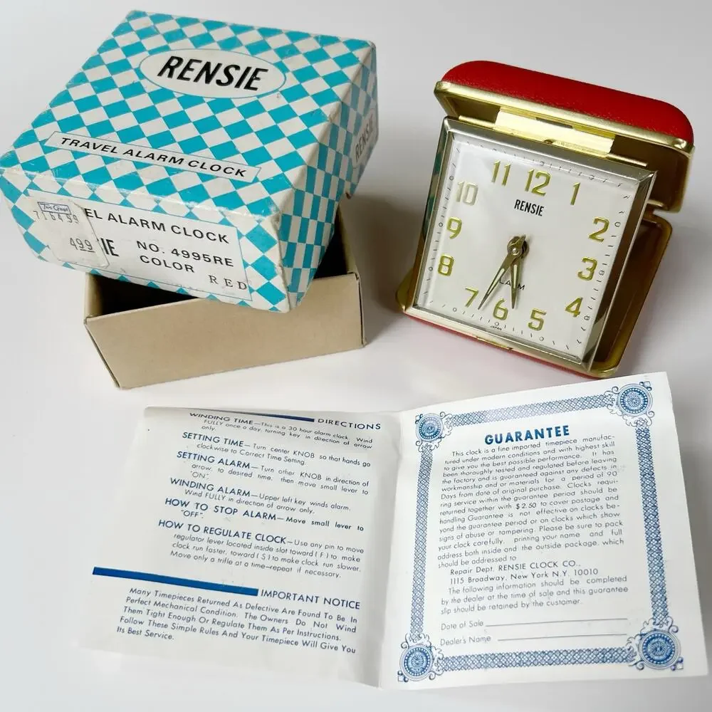 Vintage 1950s‎ Rensie Red Travel Alarm Clock Japan Brass Folding Case Working
